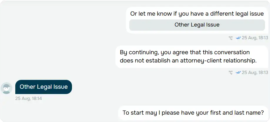 Chatbot conversation showing the attorney-client relationship disclaimer followed by a request for the visitor's name