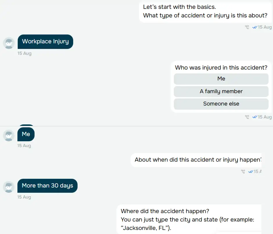 Chatbot triaging a workplace injury case through short questions
