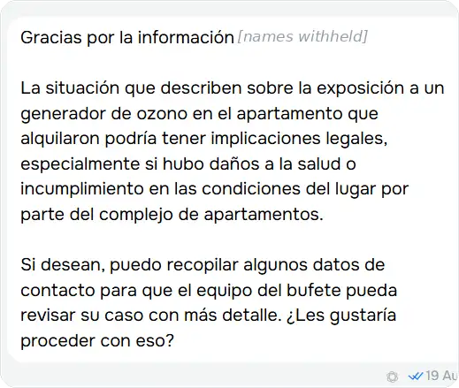 Chatbot response in Spanish on a possible landlord liability case
