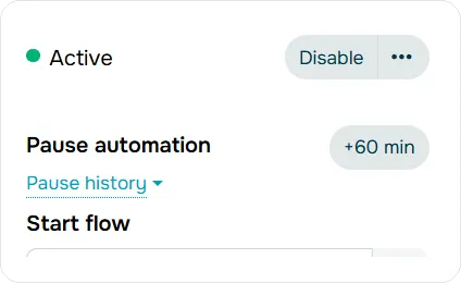 Pause automation, pause history, and start flow controls