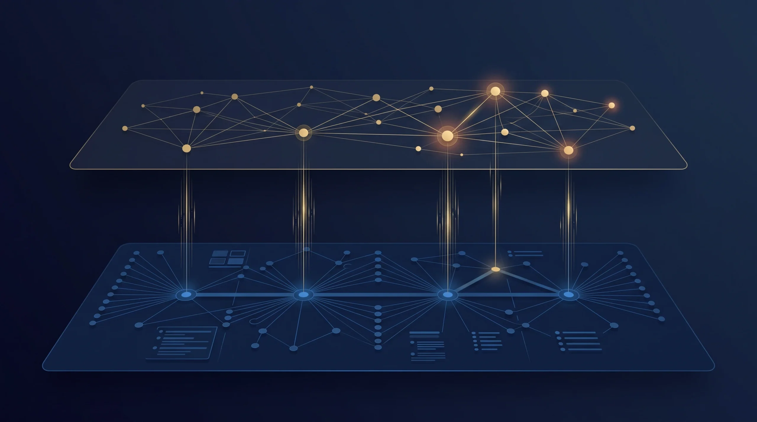 Abstract illustration of two layers of connected blue and gold nodes feeding into a shared network