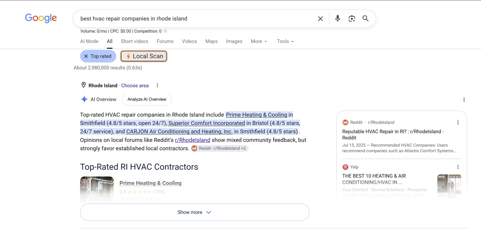 Google AI Overview for the search best HVAC repair companies in Rhode Island, naming three heating and cooling contractors in the opening sentence with their star ratings, review counts and emergency availability