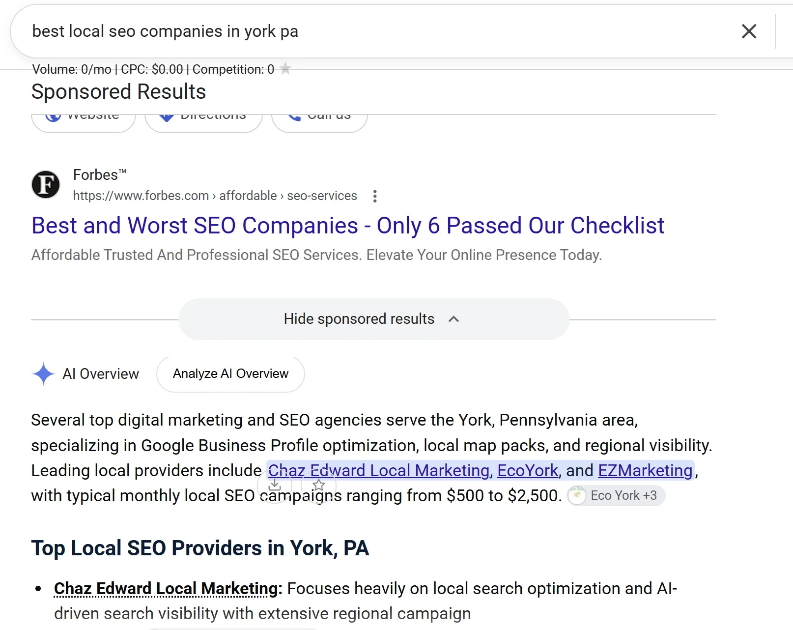 Google AI Overview for the search best local seo companies in york pa, naming Chaz Edward Local Marketing first among the leading local providers and describing its focus on local search optimization and AI-driven search visibility