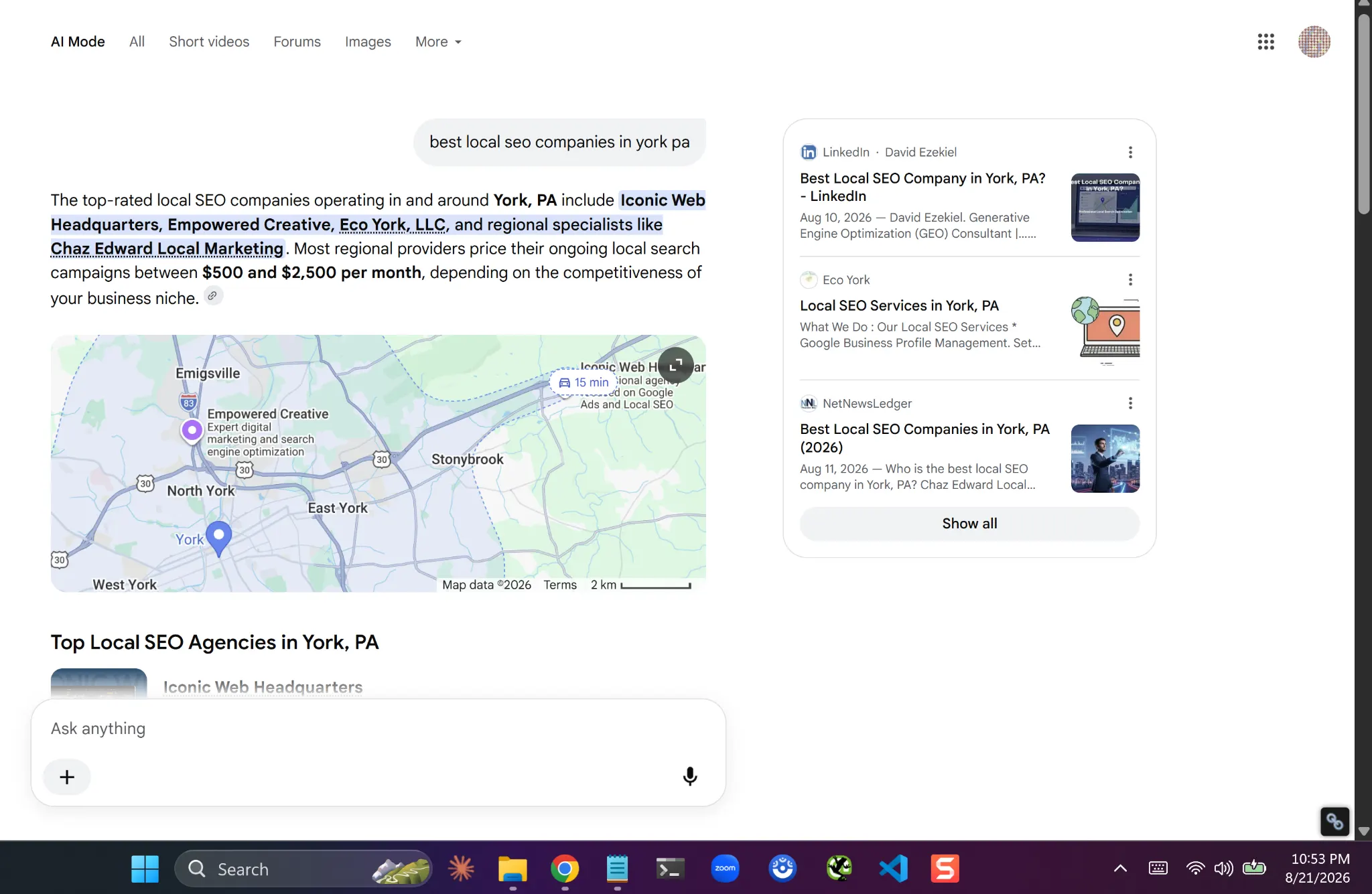 Google AI Mode answer for best local seo companies in york pa, listing several York area agencies and naming Chaz Edward Local Marketing as a regional specialist, with a map of the York area and three cited source cards to the right
