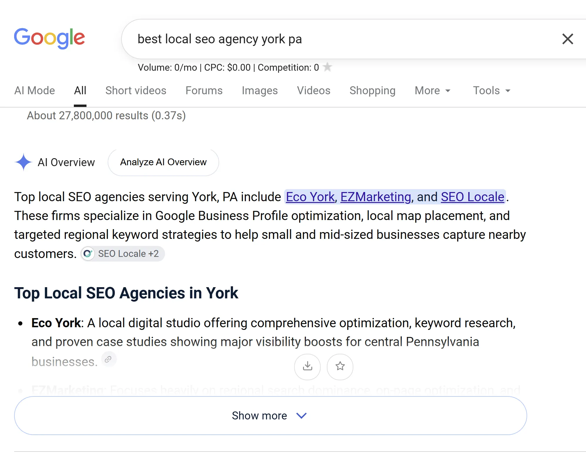 Google AI Overview for the search best local seo agency york pa, naming three competing York area agencies as the top local SEO agencies and not mentioning Chaz Edward Local Marketing anywhere in the answer