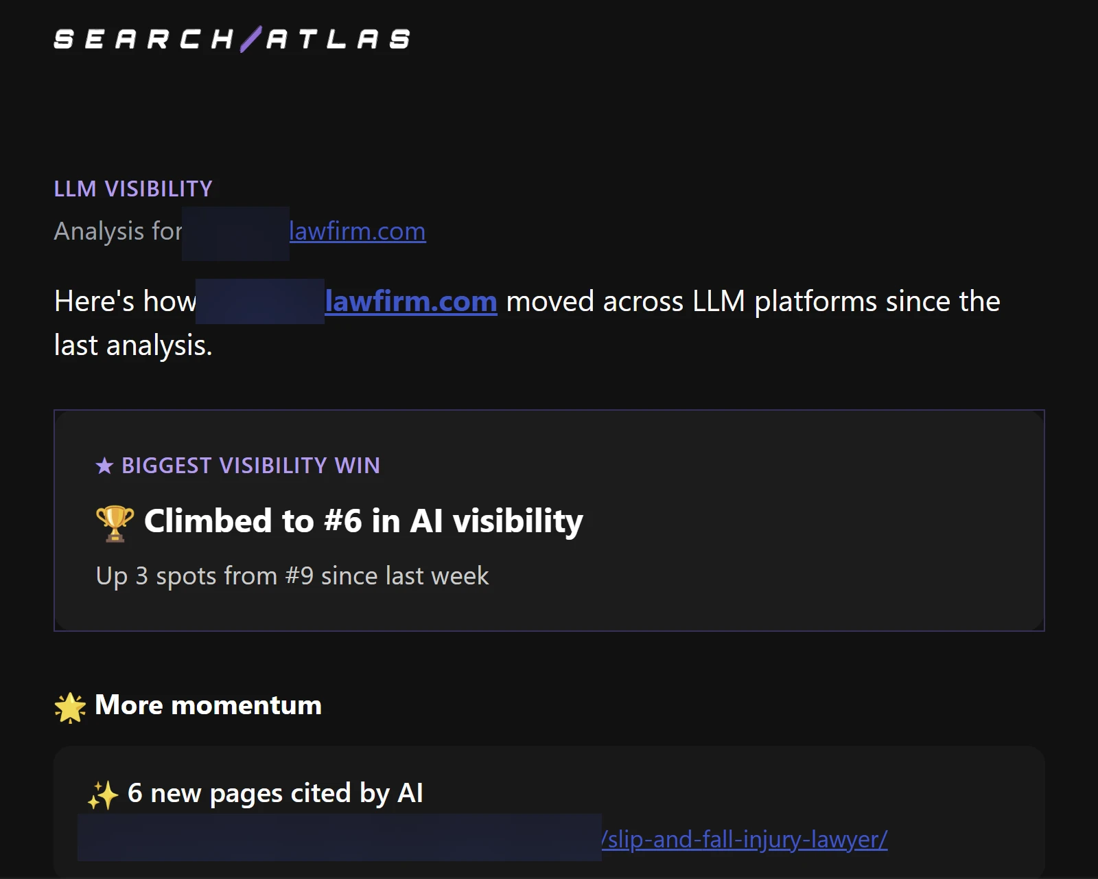 Search Atlas LLM Visibility weekly report for a law firm client, headlined as the biggest visibility win with a climb to number 6 in AI visibility, up three spots from number 9 the previous week, and six new pages newly cited by AI including a slip and fall injury lawyer page