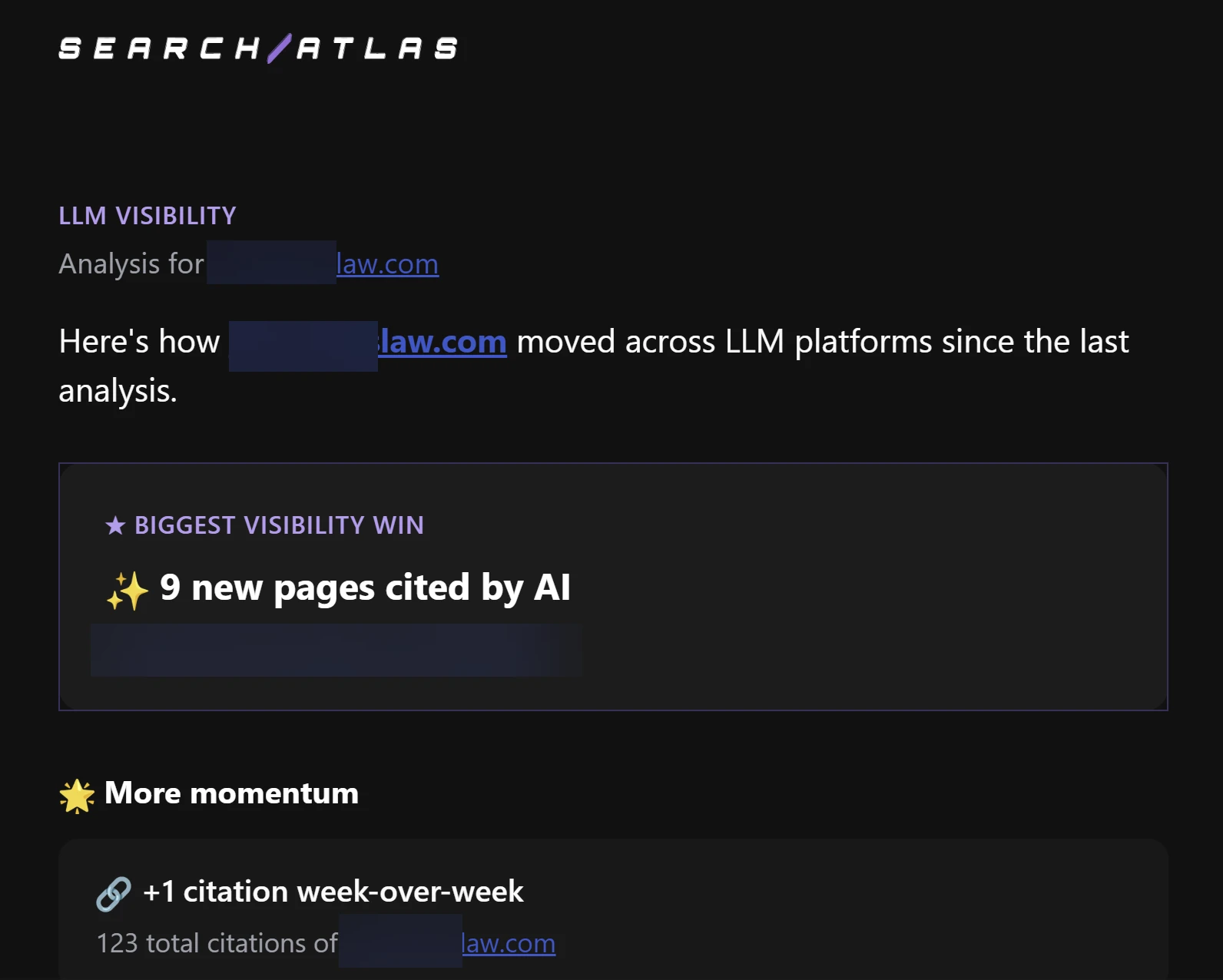 Search Atlas LLM Visibility weekly report for a second law firm client, headlined as the biggest visibility win with nine new pages cited by AI in one week, plus a momentum panel showing one additional citation week over week and 123 total citations of the firm's site