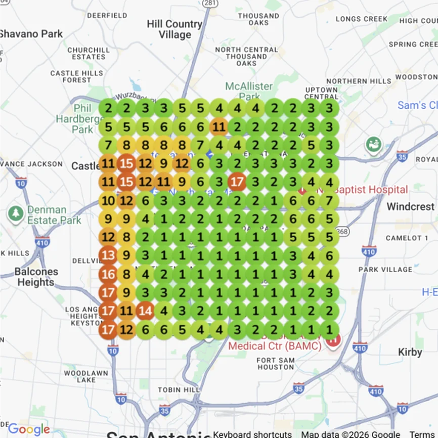 Before: Google Maps geogrid for 'abogado de lesiones personales' on December 23, 2025. Average grid rank 4.56, share of local visibility 56%.