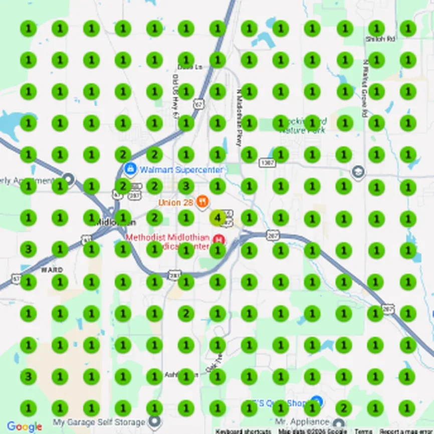After: Google Maps geogrid for 'compression therapy near me' on April 14, 2026. Average grid rank 1.09, share of local visibility 99%.