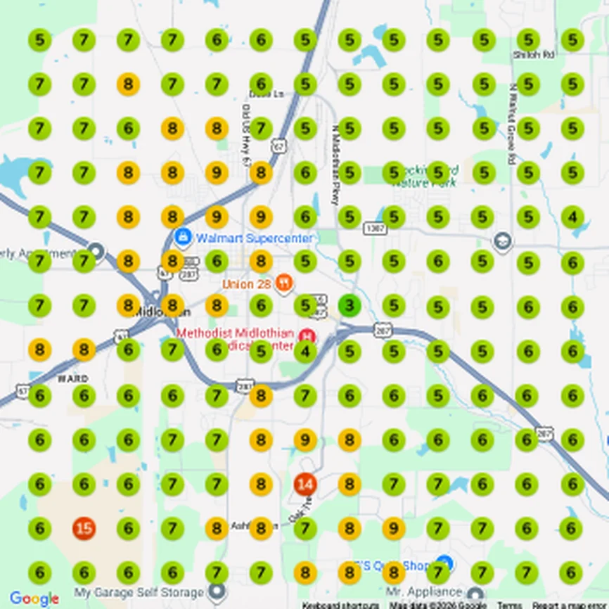 Before: Google Maps geogrid for 'compression therapy near me' on March 17, 2026. Average grid rank 6.40, share of local visibility 1%.