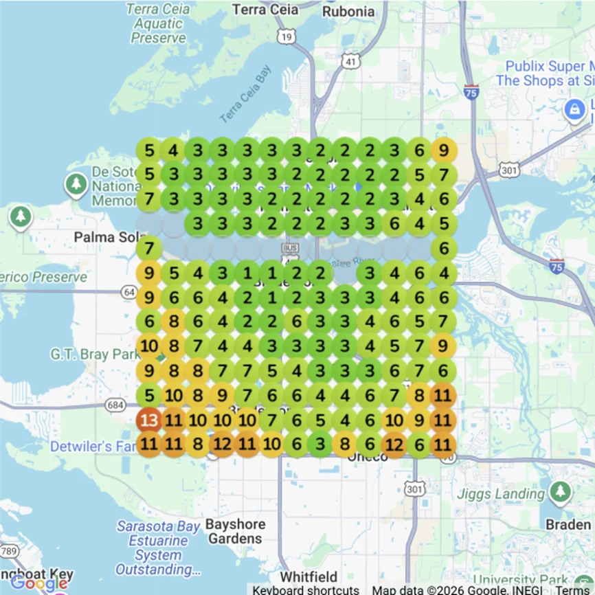 After: Google Maps geogrid for 'home repairs bradenton' on January 20, 2026. Average grid rank 5.20, share of local visibility 39%.