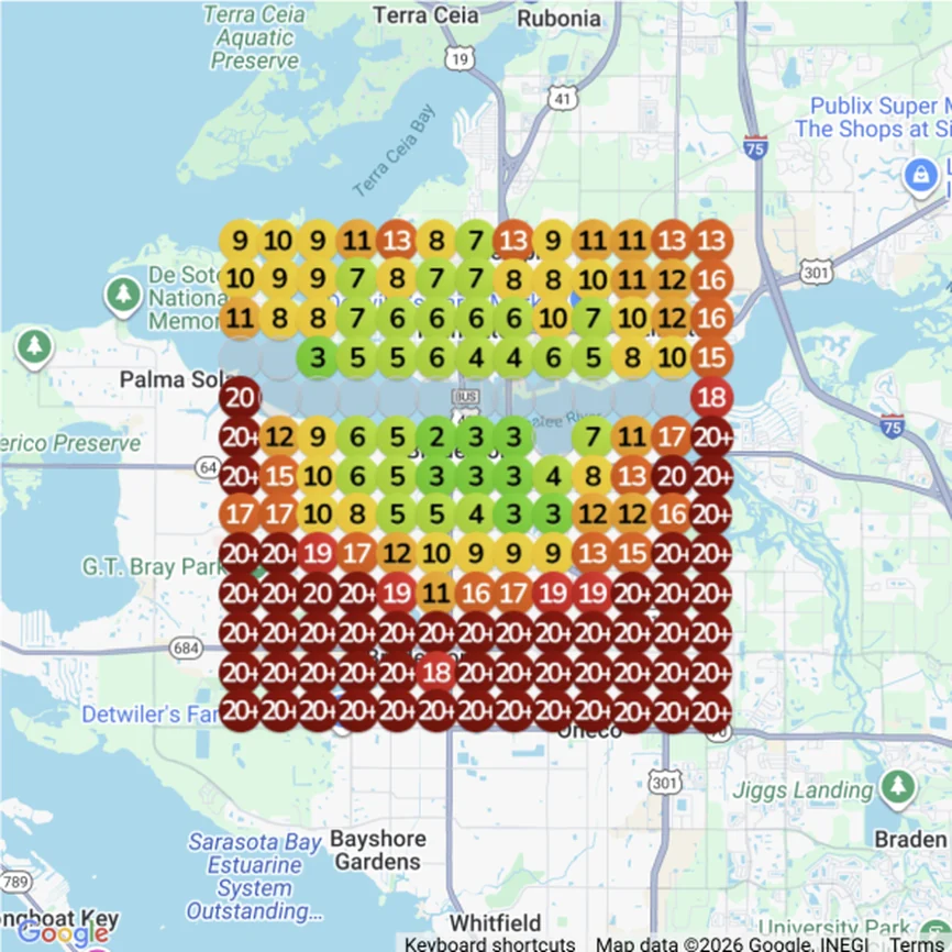 Before: Google Maps geogrid for 'home repairs bradenton' on December 24, 2025. Average grid rank 9.90, share of local visibility 6%.