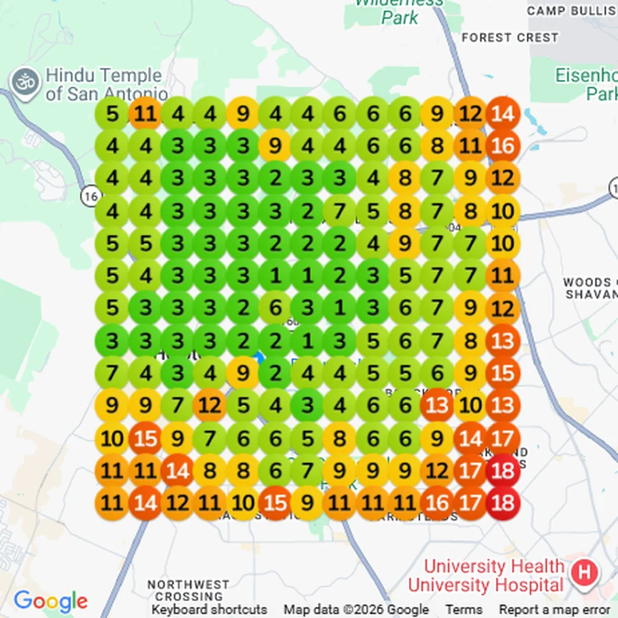 Before: Google Maps geogrid for 'roofing company near me' on March 6, 2026. Average grid rank 6.79, share of local visibility 27%.